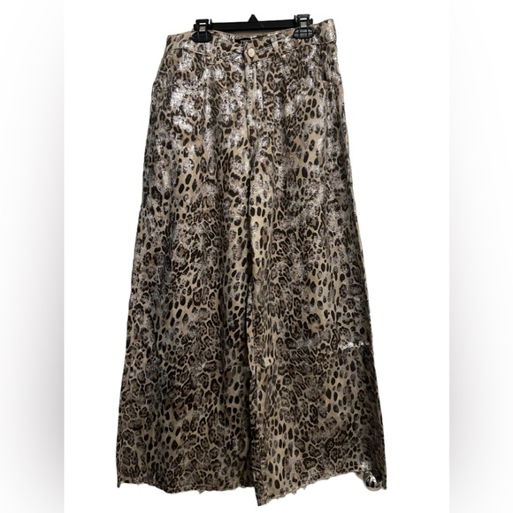 ITOO MOCHA Brown, Tab, Silver Metallic Leopard Wide Leg Pant - Picture 2 of 11